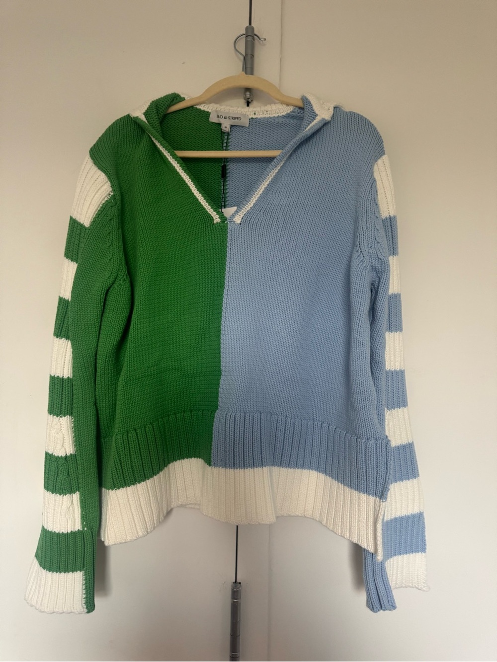 SOLID & STRIPED Green and Light Blue Colorblock collared Sweater
